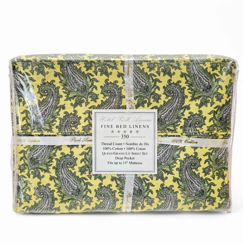 Park Avenue Yellow Green Ornate Paisley Queen Sheet Set 100% Cotton NEW
L